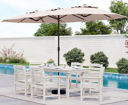 SERWALL 8-Piece Patio Dining Sets with 15FT Umbrella, Outdoor HDPE Dining Furniture Set with Umbrella Hole Cut-Out Table and 6 Chairs, White（Umbrella Base not Included）