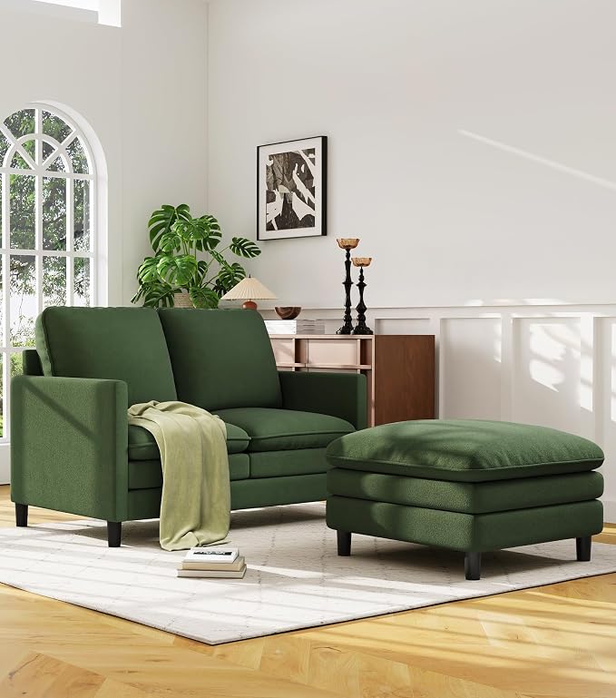 Welzona 3-Layers Cloud L Shaped Couch, 51" Loveseat Sofa Living Room, Bedroom - Tool-Free Assembly with Teddy Fabric Small L Shape Sofa - Green - Removable Washable Covers - 650lbs Capacity