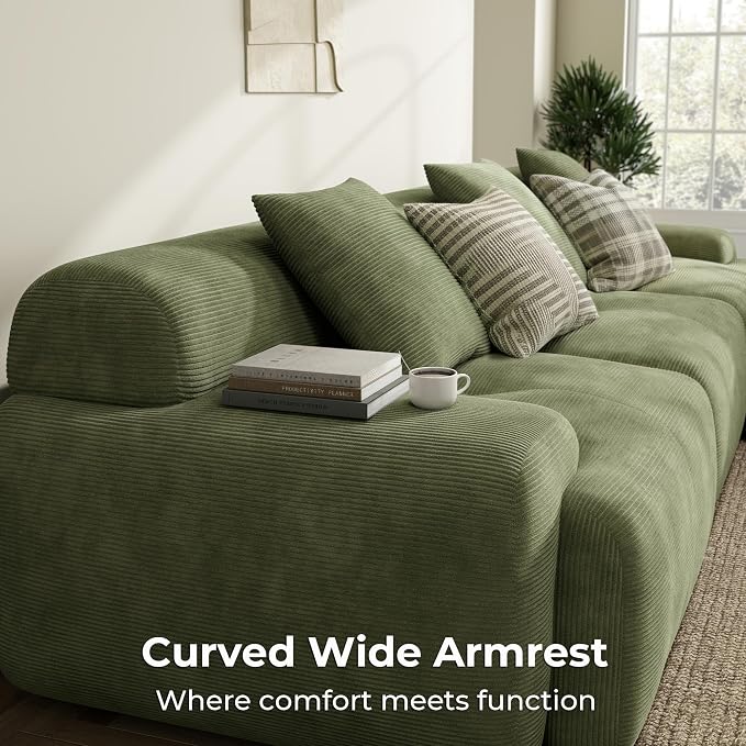 LIKIMIO LumiCord Modular Sectional Sofa with Ottoman, 118" L-Shaped Boneless Couch for Living Room, Oversized Deep Seat with Corduroy Upholstery, No Assembly Required, Olive Green