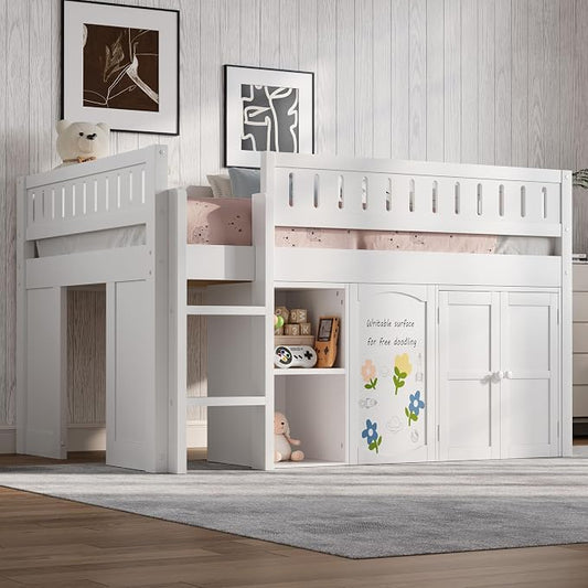Full Size Loft Bed with Storage Cabinet & Chalkboard Panel, Wood Loft Bed Frame, Space-Saving Design, White