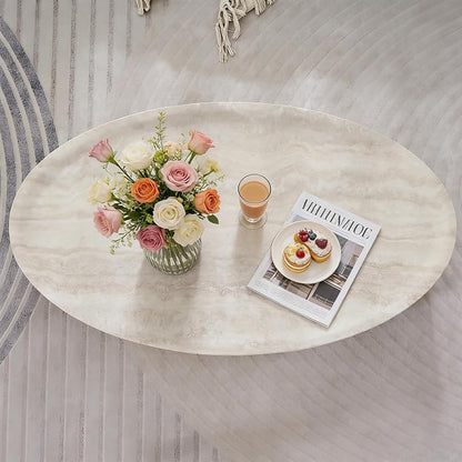 43.7" Oval Marble Coffee Table, Modern Round Coffee Tables, Faux Stone Center Tables, Small Accent Tea Table, Luxury Fiberglass Side End Table for Living Room Aparment Office, No Assembly