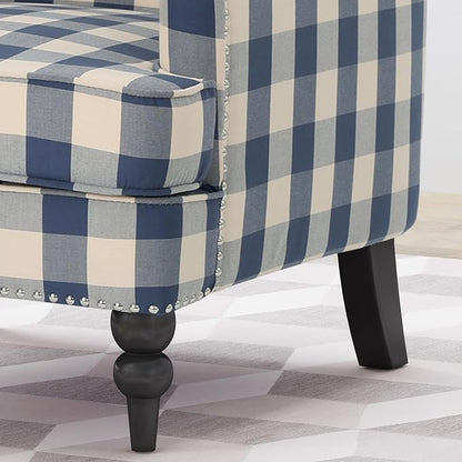 Christopher Knight Home Eve Modern Upholstered Club Chair, Wooden Living Room Accent Chair, Comfy Bedroom Reading Chair, Multifunctional Armchair, Blue Checkerboard