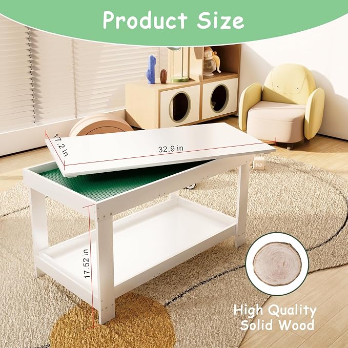 Kids Activity Table with Storage, 2 in 1 Solid Wood Building Blocks Table with Board for Boys Girls Gifts, Play Bricks, Train, Reading, Arts Draw