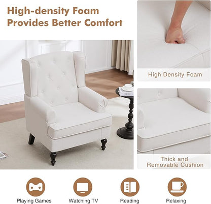 Accent Chair Set of 2, Mid Century Modern Fabric Wingback Chair, Upholstered Armchair with High Back and Vintage Legs, Comfy Single Sofa Side Reading Chair for Living Room Bedroom, Beige