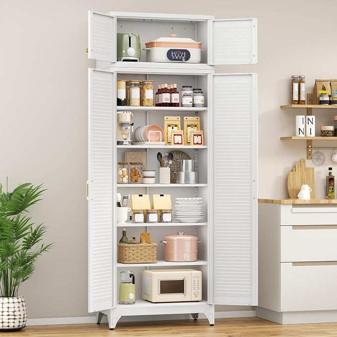 Polup Kitchen Pantry Cabinet, 90" Tall Metal Storage Cabinet, Food Pantry cabinets with Doors and Shelves, Steel Cabinets for Living Room, Dining, White,16" D x 32" W x 90" H, Assembly Required