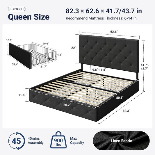 Allewie Upholstered Queen Size Platform Bed Frame with 4 Storage Drawers and Headboard, Diamond Stitched Button Tufted, Mattress Foundation with Wooden Slats Support, No Box Spring Needed, Dark Grey