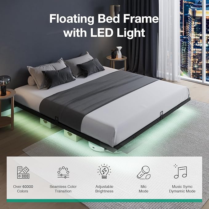 Novilla Floating Bed Frame with LED Lights, Modern Platform King Size Bed Frame with Mattress Slide Stopper, Easy Assembly, No Box Spring Needed, Noise Free