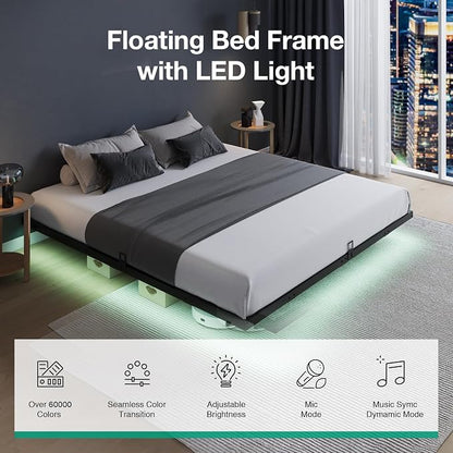 Novilla Floating Bed Frame with LED Lights, Modern Platform King Size Bed Frame with Mattress Slide Stopper, Easy Assembly, No Box Spring Needed, Noise Free