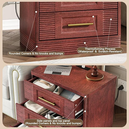 RECHHX 3 Drawer Dresser for Bedroom, 25.6" Tall Nightstand with Charging Station, Farmhouse 23.6" Wide End Table, Thermoformed Curved Small Chest of Drawers for Bedroom, Living Room, Walnut Cherry