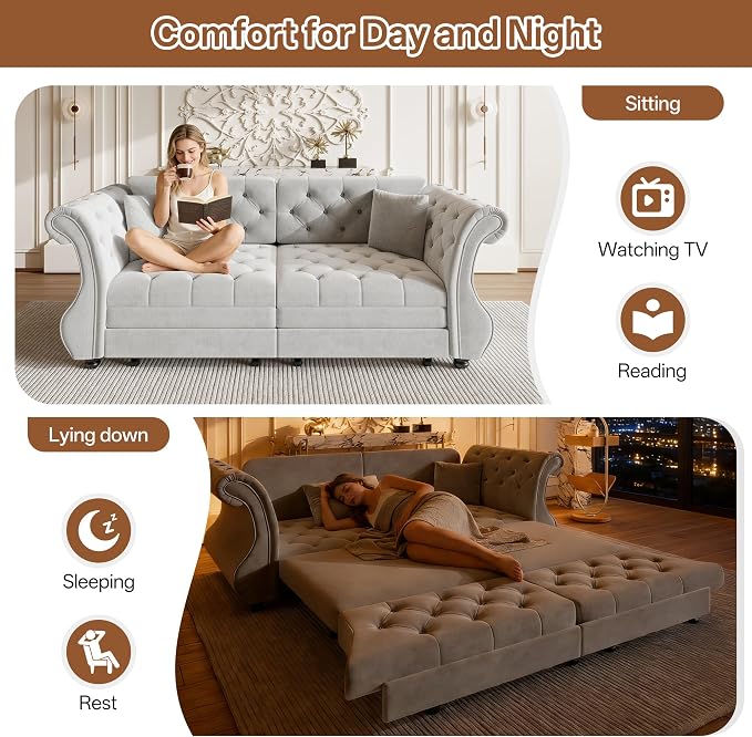 83.8" Oversized Pull Out Sofa Bed, Chesterfield Velvet Sleeper Sofa Couch with Roll Arm & Flower Tufting, Heavy Duty Metal Frame Convertible Sofa for Living Room, Apartment, Guest Room, Light Grey
