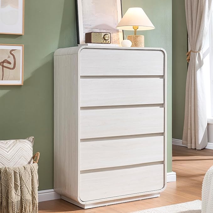 Standifurno White 5 Drawers Dresser, Curved Dresser with Storage Organizer, Modern Drawer of Handleless, Large Chest of Drawers for Living Room, Nursery, Entryway, 29.5’’W