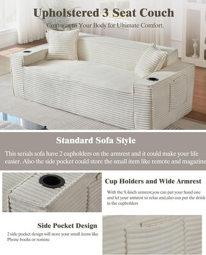 3 Pcs Living Room Cloud Sofa Set, Boneless Sofa Couch with Cup Holder and Side Pocket for Compact Living Rooms, Apartments (Beige White, Single Chair + Loveseat+ 3 Seat Sofa)