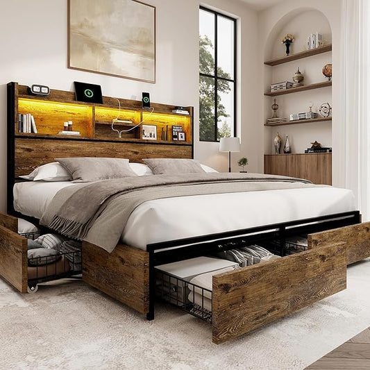 BRELTAM Queen Storage Bed Frame with 6 Drawers, USB Charging Station, No Noise, No Box Spring Required, Vintage Brown Headboard Platform Bed