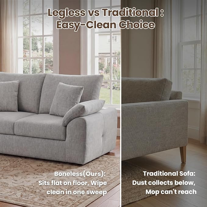 75.6" Boneless Loveseat Sofa, Polyester Fabric 2-Seater Couch with 4 Pillows, No Assembly Required, Soft High Density Foam Cushion, Rectangular Track Arm Sofa for Living Room Bedroom Apartment (Grey)