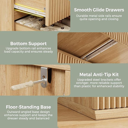 Jocoevol Fluted 6 Drawer Dresser for Bedroom, Modern Wood Chest of Drawers, Tall Storage Dresser with Deep Drawers, Handleless Floor-Standing Dresser for Bedroom, Living Room, Entryway, Natural Oak