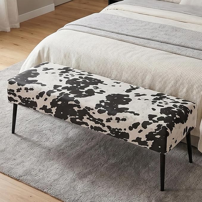 DUHOME Velvet Bench Ottoman, Upholstered Bedroom Benches Cow Print End of Bed Bench with Black Metal Base for Entryway Dining Room Living Room Bedroom, Black