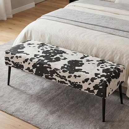 DUHOME Velvet Bench Ottoman, Upholstered Bedroom Benches Cow Print End of Bed Bench with Black Metal Base for Entryway Dining Room Living Room Bedroom, Black