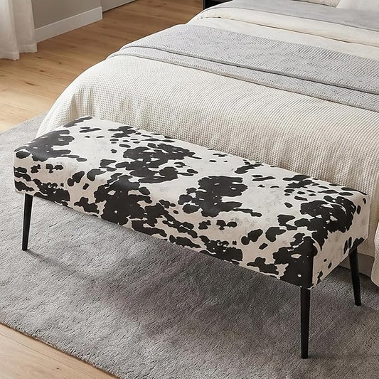 DUHOME Velvet Bench Ottoman, Upholstered Bedroom Benches Cow Print End of Bed Bench with Black Metal Base for Entryway Dining Room Living Room Bedroom, Black