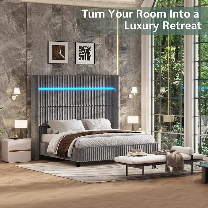 Jocisland King Bed Frame Faux-Fur Upholstered 60" Tall Headboard, Gray | Wingback Headboard, LED lights, USB Charging, Noise-free, No box spring needed, easy assembly, for Master Bedroom