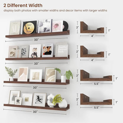 Axeman 30 Inch Floating Shelves | Walnut Picture Ledge Shelf Set of 4 | Rustic Wood Wall Shelves with Lip | 30" Walnut Picture Shelf for Wall with Ledge | Photo Shelves