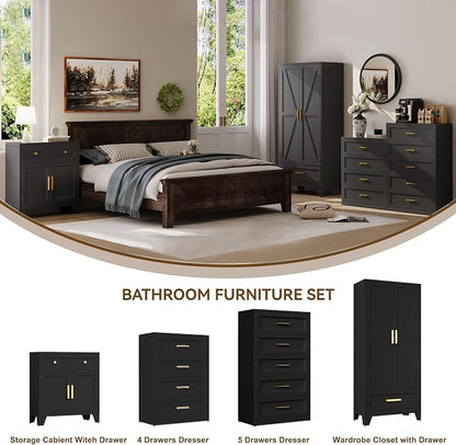 YAUWOH Farmhouse Wardrobe Cabinet with Drawers,Metal Wardrobe Closet with Hanging Rod,Metal Armoire with Adjustable Shelves for Bedroom, Cloak Room,Office （Black