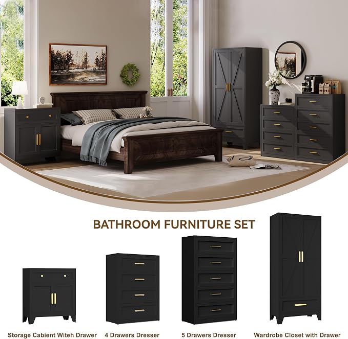 YAUWOH Farmhouse Wardrobe Cabinet with 2 Drawers,Metal Wardrobe Closet with Hanging Rod,Metal Armoire with Adjustable Shelves for Bedroom, Cloak Room,Office (Blakc)
