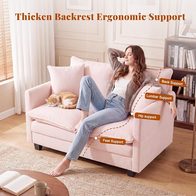 50'' Loveseat Sofa Cloud Sofa Couch, Modern Loveseats 2 Seat Couch 27" Deep Seat with 2 Pillows for Small Spaces Apartment Studio Office Bedroom Living Room, Pink