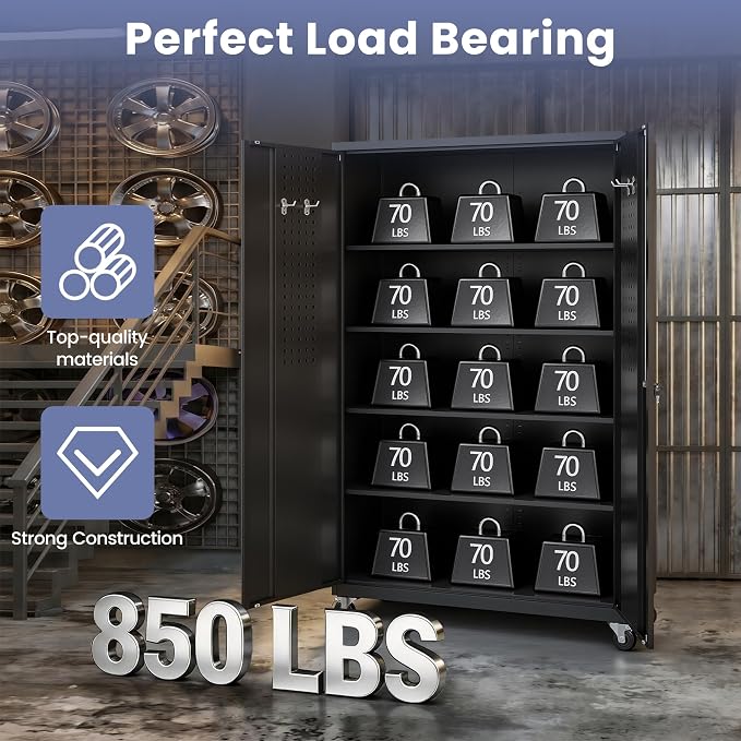 Metal Garage Storage Cabinet with Locking Doors and Adjustable Shelves, Wide & Deep Storage Cabinet on Wheels, 71" Rolling Tool Cabinet for Garage, Basement, Home Office