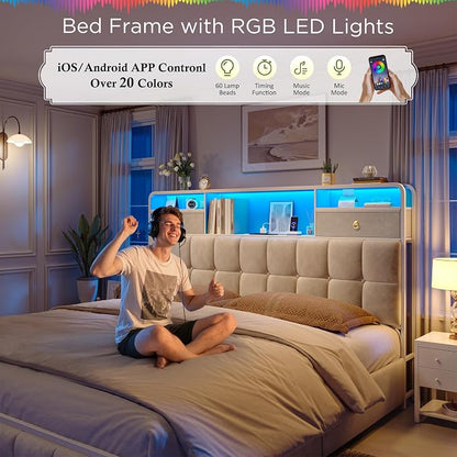 EnHomee King Size Bed Frame with 6 Storage Drawers and LED Lights,Bed Frame King Size with Velvet Upholstered Headboard and Charging Station,No Box Spring Needed,Noise-Free,Easy Assembly,Modern,Beige