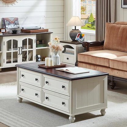 RWYHG 48" Farmhouse Coffee Table with Hidden Storage,Wooden Coffee Tables with 4 Drawers & Roman Column Handle,Rectangular Rustic Center Table with Solid Wood Curved Base for Living Room,Office,White