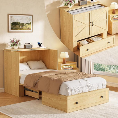 LIVAUVEAD Murphy Bed with Built-in Charging Station, Space-Saving Murphy Bed Chest Twin with Drawer, Foldable, for Home Office Guest Room Bedroom,Natural