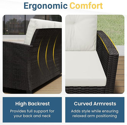 Wisteria Lane 4 Piece Patio Furniture Set, Wicker Outdoor Patio Conversation Furniture Set, All Weather Outdoor Patio Sofa with Cushion and Wood Table, Beige Wood