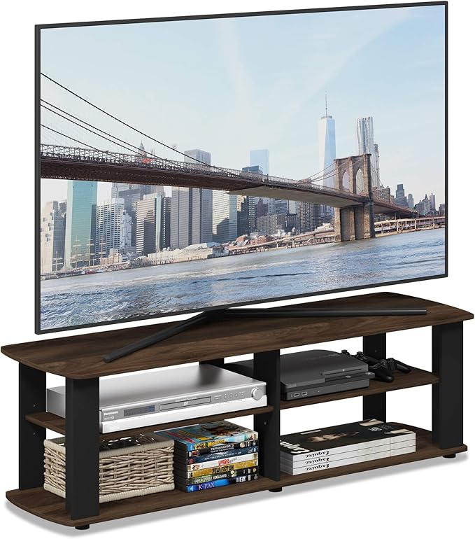 Furinno Nelly TV Stand, 3-Tier Entertainment Center with Open Shelves Storage, TV Console for TV up to 50 Inch, Soft Edges, for Living Room, Bedroom, Columbia Walnut