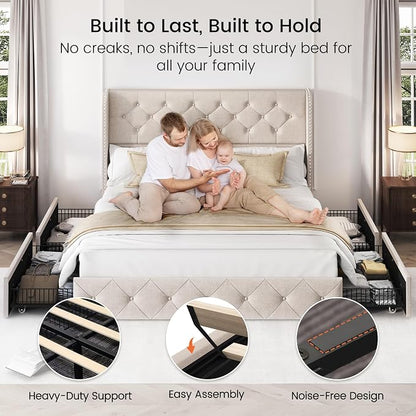 LARMACE Queen Size Bed Frame with 4 Storage Drawers and 47.2" Tall Tufted Headboard Linen Upholstered Platform Bed Frame Wingback Beds with Wooden Slats Support, Easy Assembly, Beige