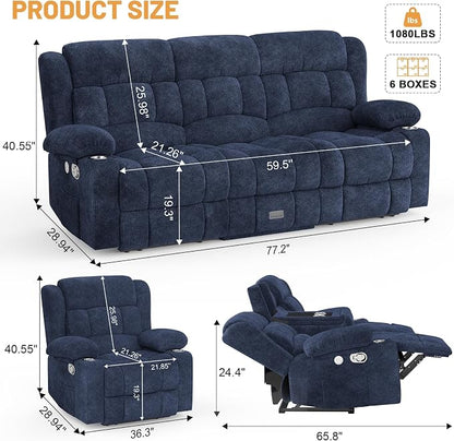 Dresegmt Loveseat Recliner Sofa Set, Flip Middle Backrest Design 3 Seater Reclining Sofa and 2PC Single Oversized Recliner Chair, Manual Couches for Living Room/RV (Blue, 3+1+1)