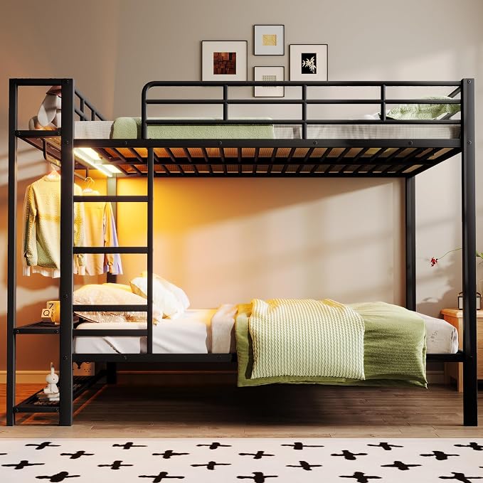 Bellemave Queen Over Queen Bunk beds, Metal Bunk Bed with Shelf and Guardrails,Queen Bunk beds with Storage Mesh Shelves and Clothes Hooks for Kids, Teens & Adults（Black）