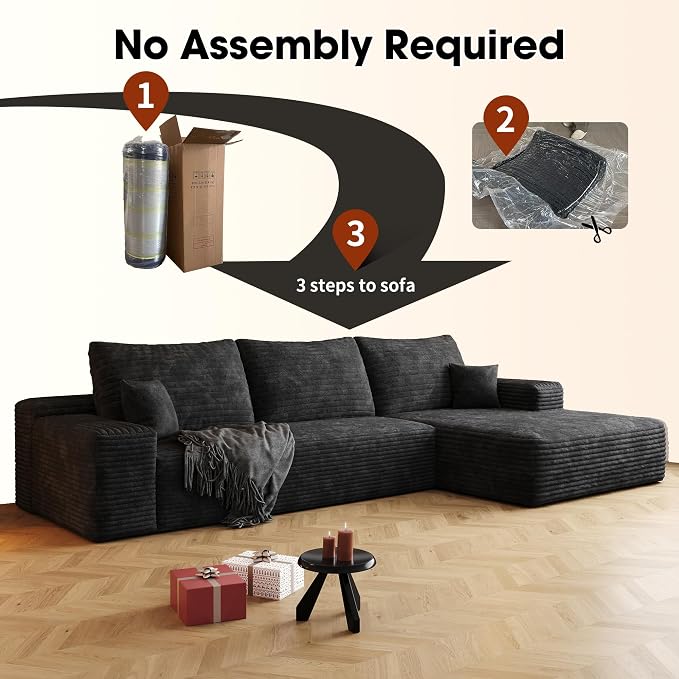 AUGOP 108" Sectional Couches for Living Room Modern Modular Sofa with L-Shape Couchs Upholstered Boneless Couch Deep Seat Sectional Couch with Chaise (Black, Right Facing Chaise+2Seaters)