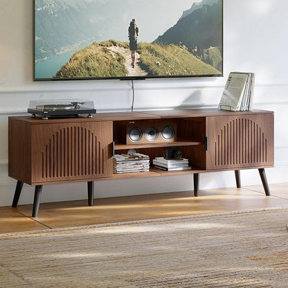 ChooChoo TV Stand for Living Room, Mid Century Modern TV Stand for 65 Inch TVs, Entertainment Center with Storage Cabinet and Open Shelves, TV Console Table Media Cabinet for Bedroom, Walnut