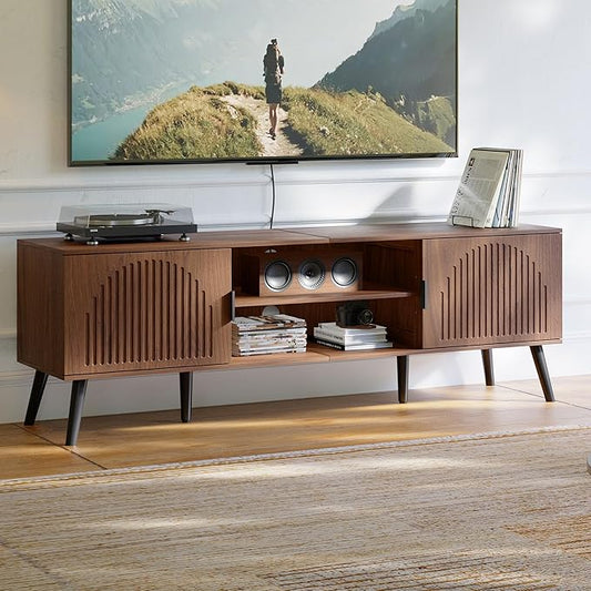 ChooChoo TV Stand for Living Room, Mid Century Modern TV Stand for 65 Inch TVs, Entertainment Center with Storage Cabinet and Open Shelves, TV Console Table Media Cabinet for Bedroom, Walnut