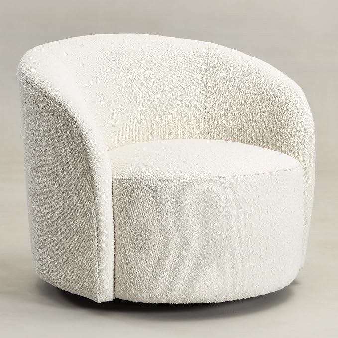 KINWELL 34" W Mid Century Modern Swivel Barrel Chair, Round Upholstered Boucle Swivel Accent Chairs, No Assembly Sofa Chair for Living Room Bedroom Reading Apartment Lounge Nursery(Cream)