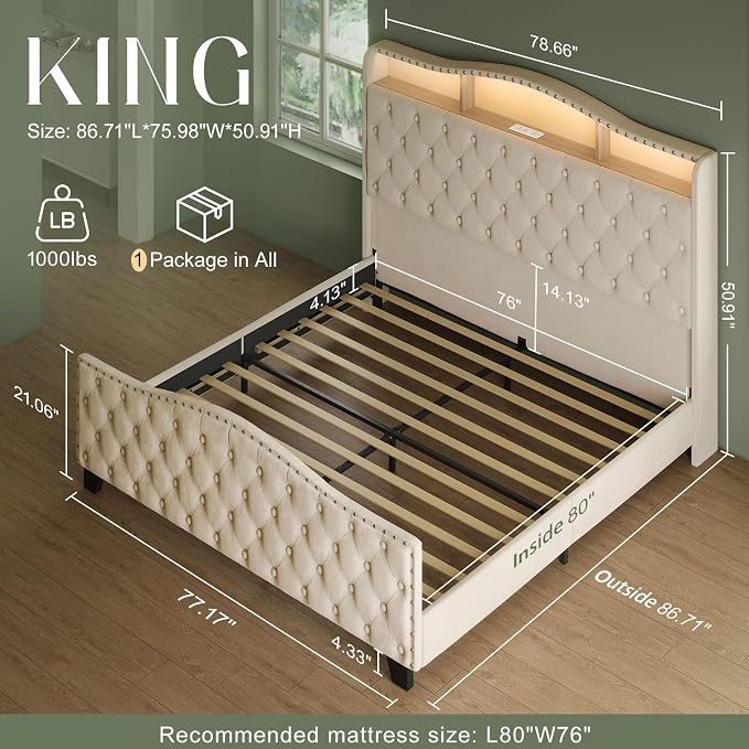 Belffin King Size Bed Frame and Headboard, 50.9" Velvet Upholstered Wingback Bedframe with LED Lights & Storage/Charging Station, Button Tufted Tall Footboard, No Box Spring Needed, Noise-Free, Beige