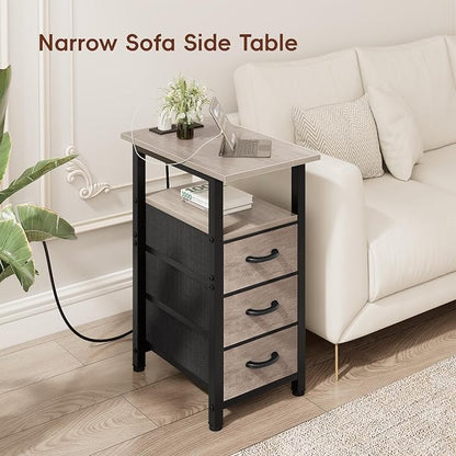 Vagusicc Night Stand with Charging Station, Narrow Nightstand with U-S-B Ports and Outlets, End Table with 3 Fabric Storage Drawers, Small Bedside Table, Greige
