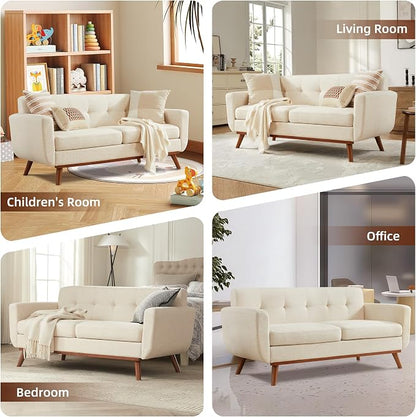 Kingfun 65.2" W Loveseat Sofa, Mid Century Modern Decor Love Seat Couches for Living Room, Button Tufted Upholstered Furniture, Easy to Install Small Couch for Bedroom Office Apartment, Cream White