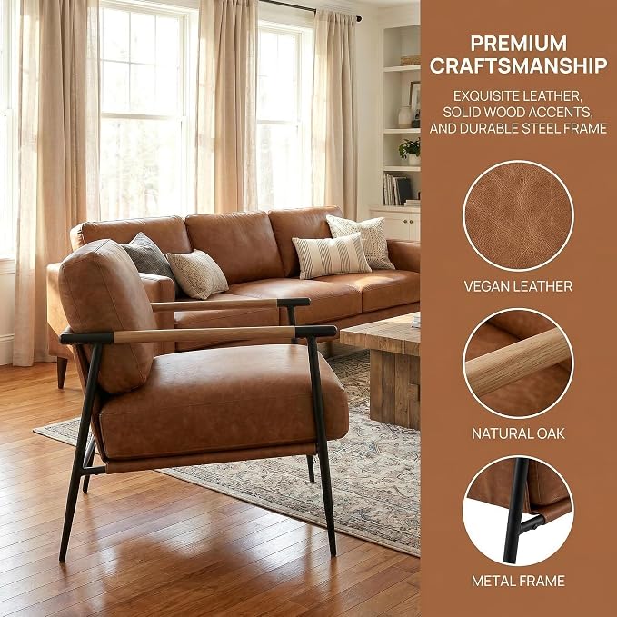 DUOMAY Mid-Century Modern Accent Chair Armchair Brown PU Leather Sofa Lounge Bedroom Chair with Metal Leg for Living Room Reading Office
