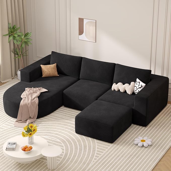 Boneless Couches for Living Room with Chaise,104" Modular Sectional Sofa with Convertible Ottoman,Cozy Cloud Couch with U-Shaped,Sponge Compression Sofas in a Box,No Assembly Required(Black) 1pcs