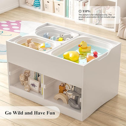 Easyego Kid Sensory Table with Storage - Activity Table with Building Block Boards & Foldable Storage Bins, Birthday Gifts for Boys and Girls - White