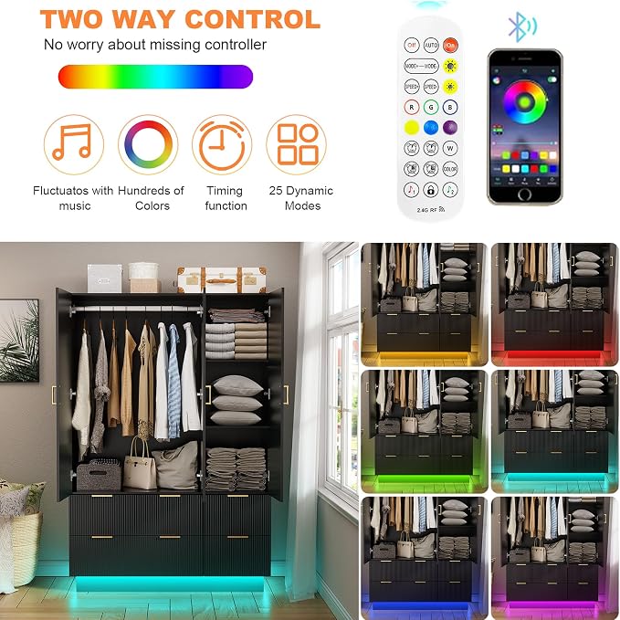 PAKASEPT Large Wardrobe Closet, 3 Door Armoire Closet | Mirror and LED Lights, Hanging Rod, Drawers, Armoires and Wardrobes for Bedroom