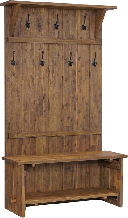 Alaterre Furniture Bethel Hall Tree with Bench – Rustic 70-Inch Entryway Organizer with 7 Metal Double Coat Hooks, Solid Wood Bench and Storage Shelves for Mudroom or Hallway (Natural Aged Brown)