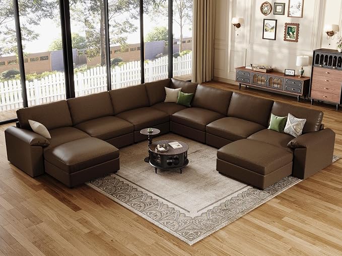EASE MOOSE Faux Leather Sectional Couch with Ottoman, Oversized Modular Sofa, Vintage Comfy Modular Couch, Scratch Resistant Material Sofas, U Shaped Couch for Living Room, Deep Brown