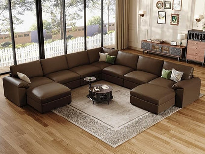 EASE MOOSE Faux Leather Sectional Couch with Ottoman, Oversized Modular Sofa, Vintage Comfy Modular Couch, Scratch Resistant Material Sofas, U Shaped Couch for Living Room, Deep Brown